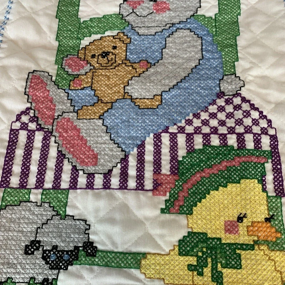 Handmade Cross Stitch Baby Crib Quilt Bunny, Bear,‎ Chicken And Lamb